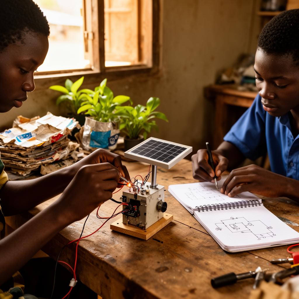 Young African innovators prototyping a small solar-powered device on a workbench